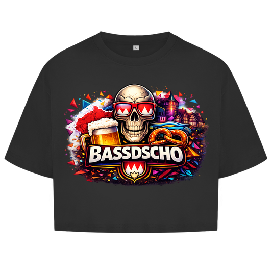 Damen Oversize Crop Top Bassdscho Bier, Schädel und Brezel