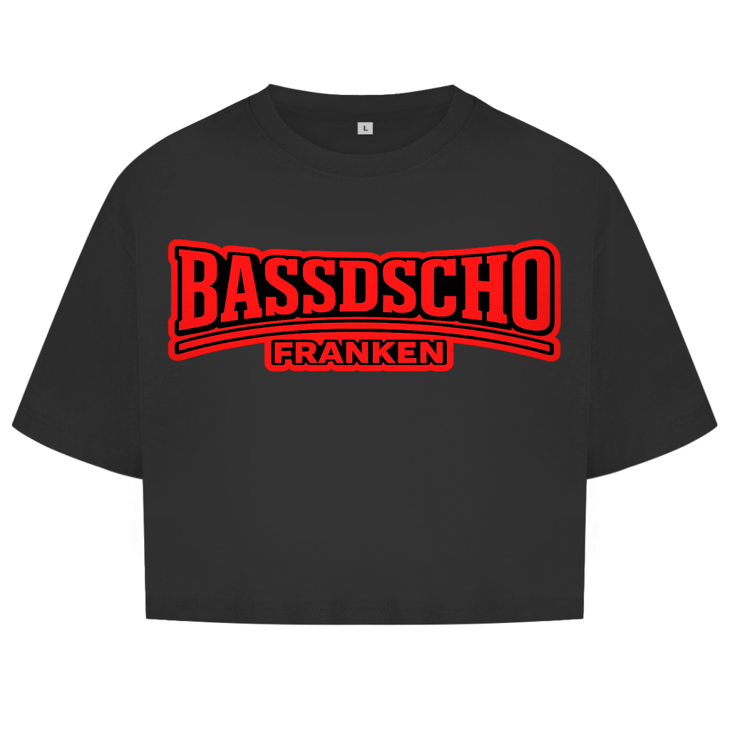 Damen Oversize Crop Top Bassdscho rot und rot umrandet