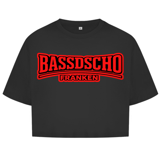 Damen Oversize Crop Top Bassdscho rot und rot umrandet