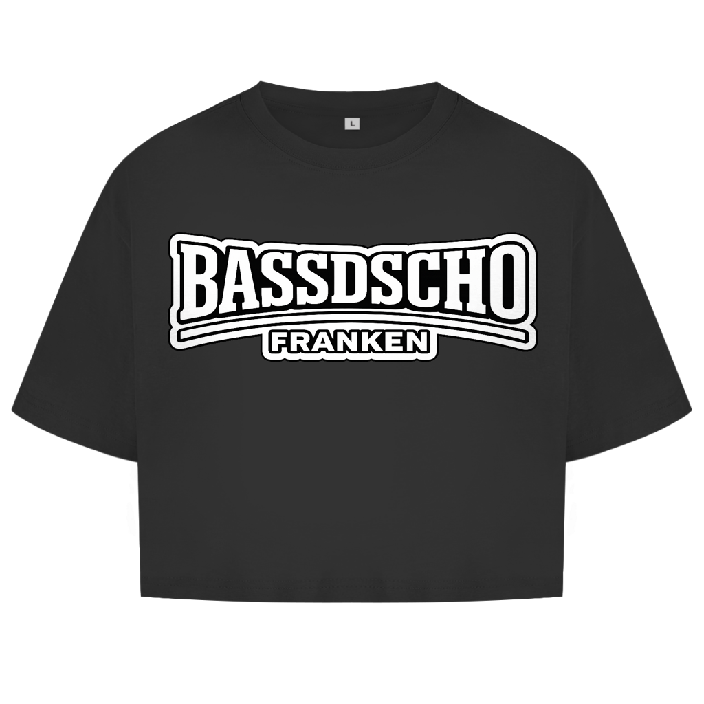 Damen Oversize Crop Top Bassdscho weiß und weiß umrandet