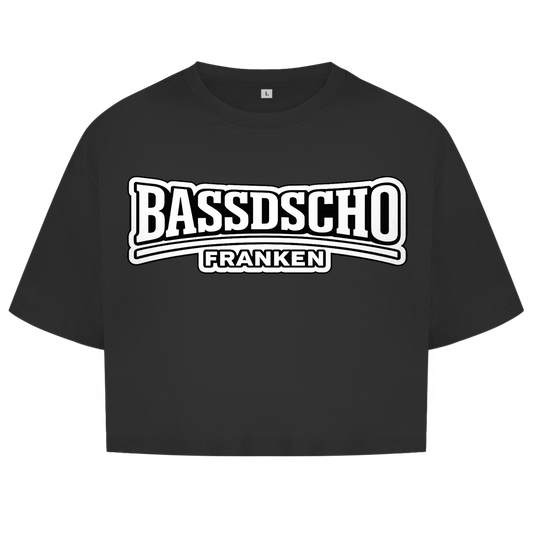 Damen Oversize Crop Top Bassdscho weiß und weiß umrandet