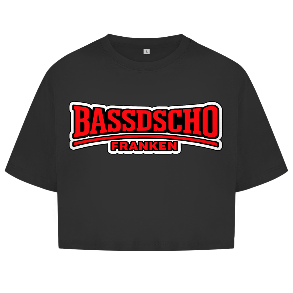 Damen Oversize Crop Top Bassdscho rot und weiß umrandet