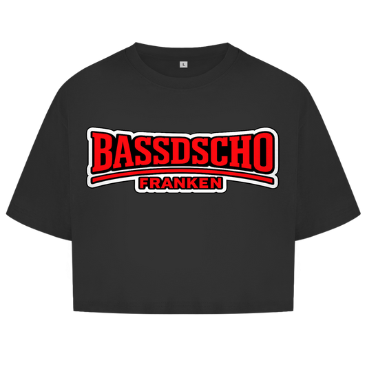 Damen Oversize Crop Top Bassdscho rot und weiß umrandet