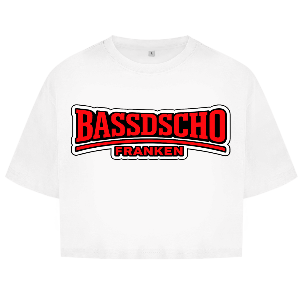 Damen Oversize Crop Top Bassdscho rot und weiß umrandet