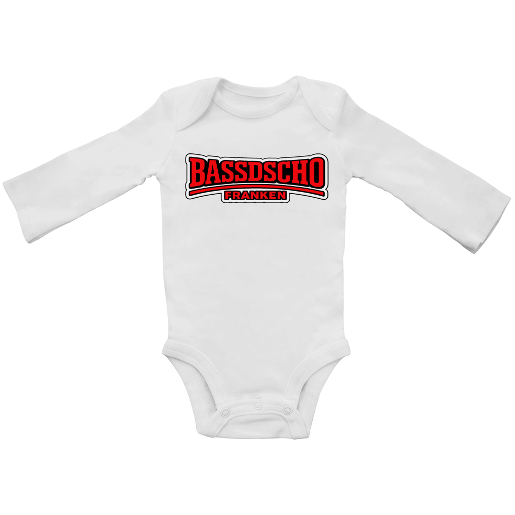 Baby Bio Bodysuite Langarm Bassdscho rot und weiß umrandet