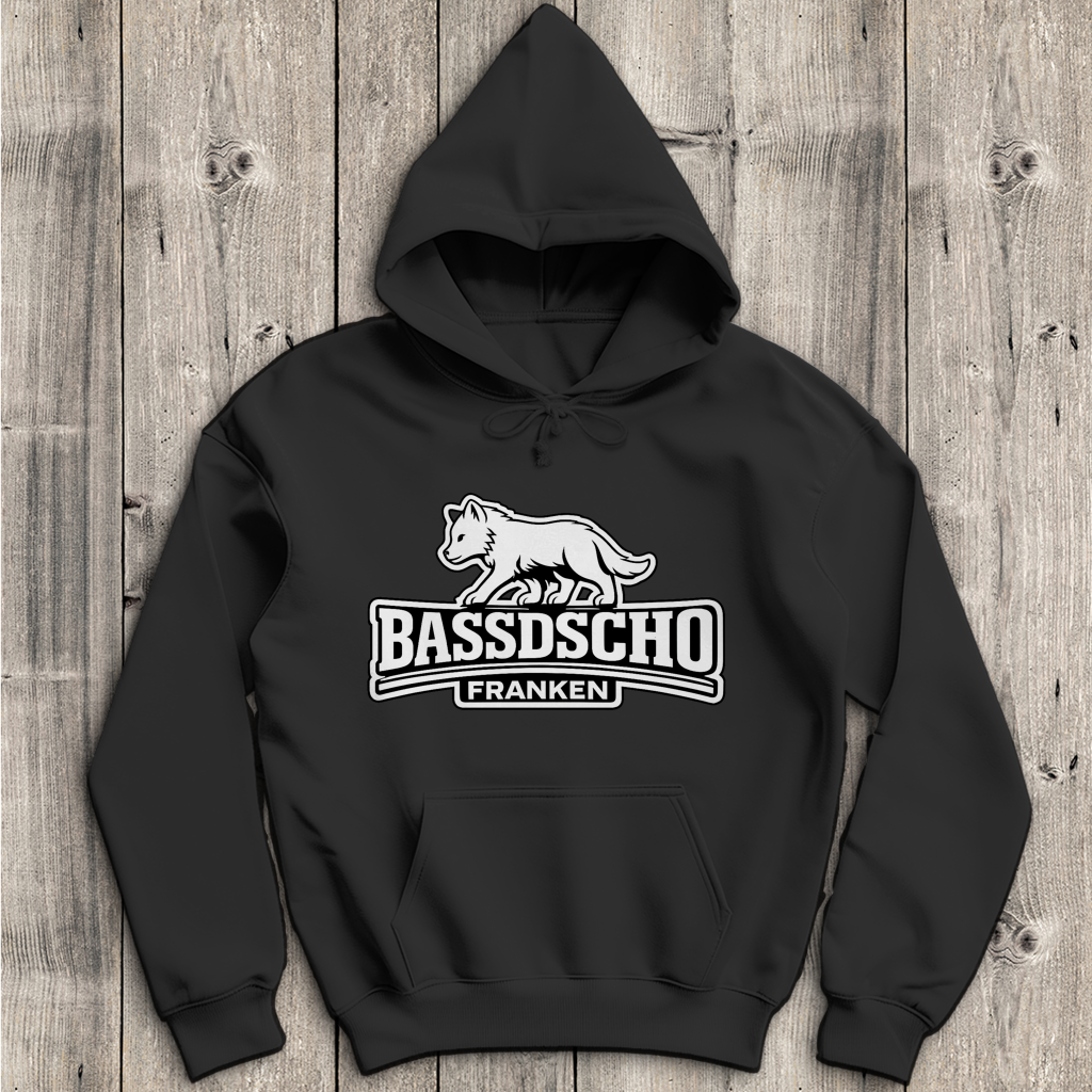 Herren Hoodie Bassdscho Franken Wolf weiß und weiß umrandet