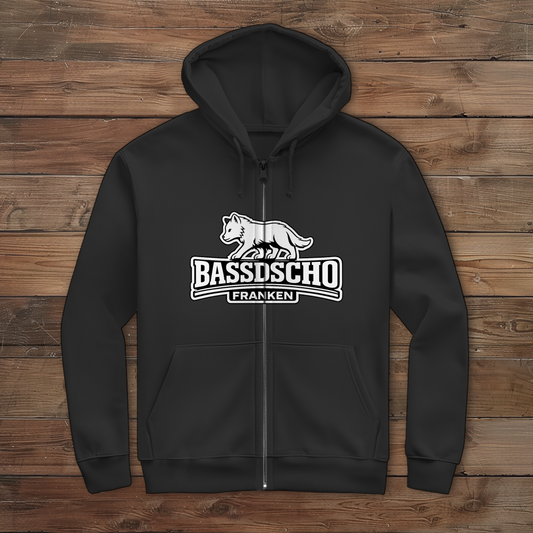 Herren Zipper Hoodie Bassdscho Franken Wolf weiß und weiß umrandet
