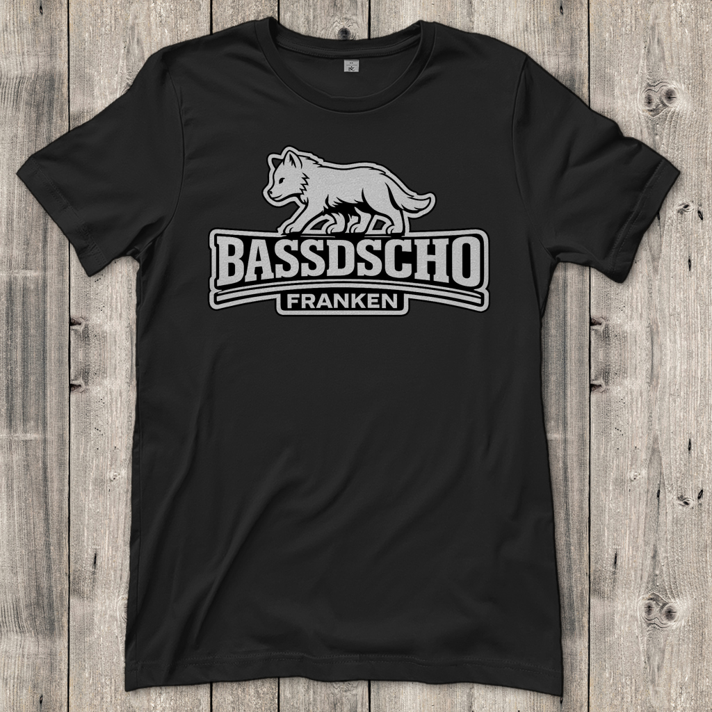 Damen T-Shirt Bassdscho Franken Wolf weiß und weiß umrandet