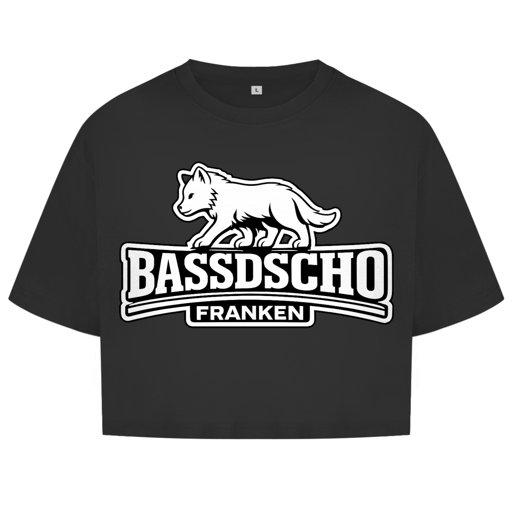 Damen Oversize Crop Top Bassdscho Franken Wolf weiß und weiß umrandet