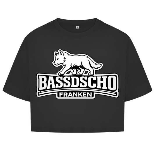 Damen Oversize Crop Top Bassdscho Franken Wolf weiß und weiß umrandet