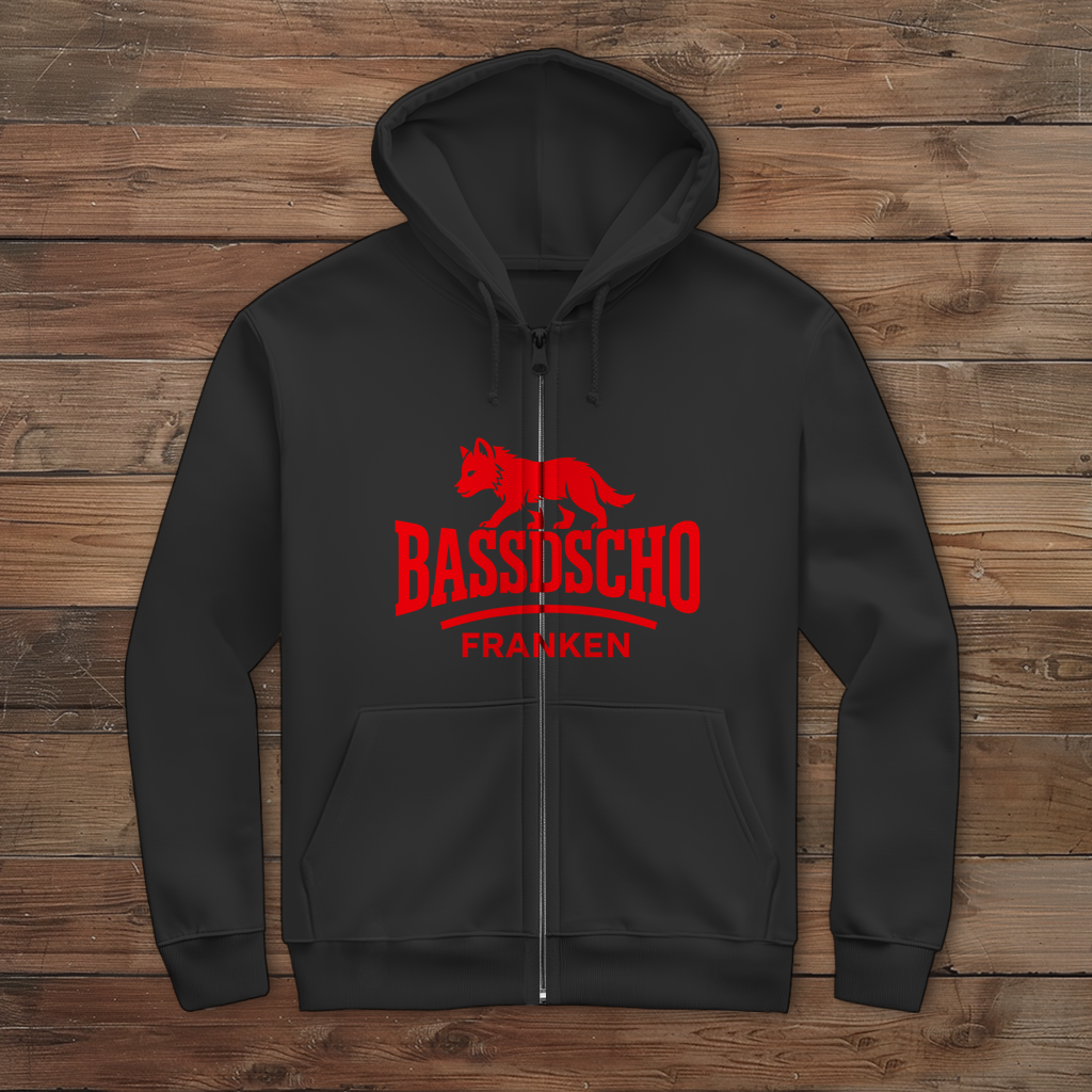Herren Zipper Hoodie Bassdscho Franken Wolf Rot strich kurz