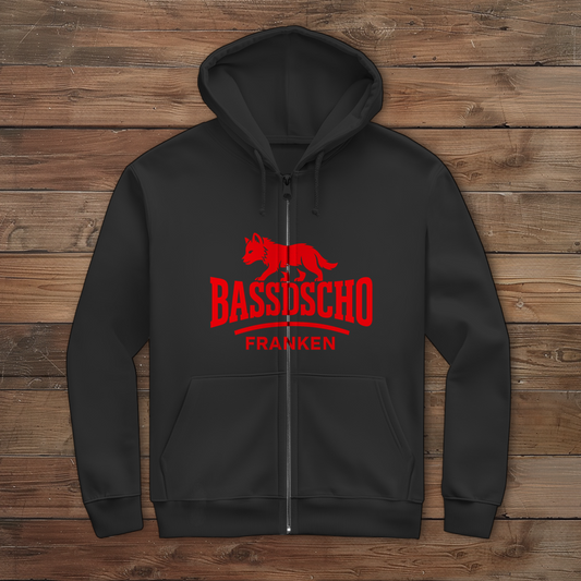 Herren Zipper Hoodie Bassdscho Franken Wolf Rot strich kurz