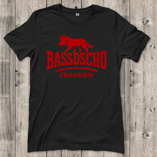 Damen T-Shirt Bassdscho Franken Wolf Rot strich kurz