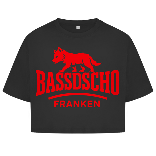 Damen Oversize Crop Top Bassdscho Franken Wolf Rot strich kurz