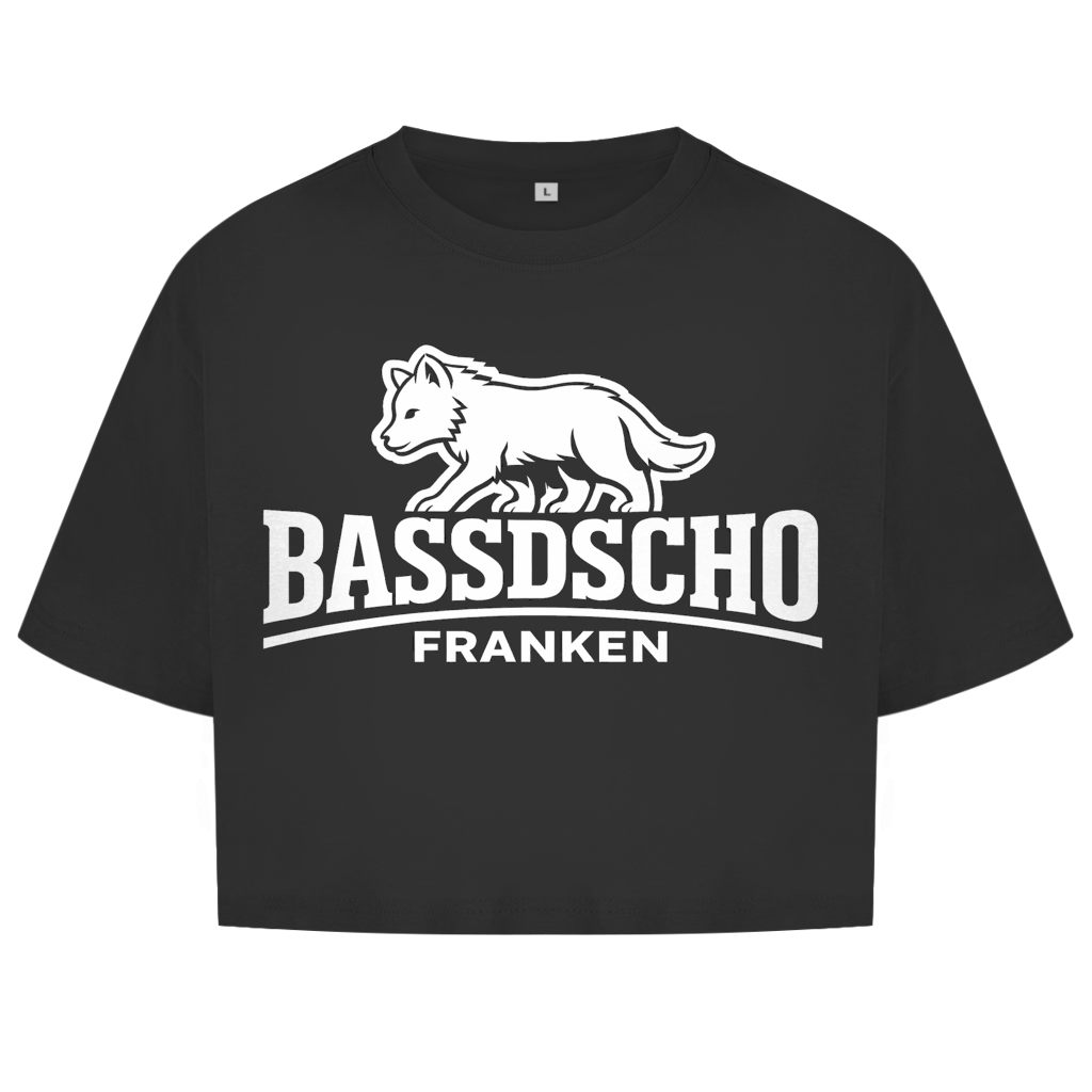 Damen Oversize Crop Top Bassdscho Franken Wolf weiß langer Strich