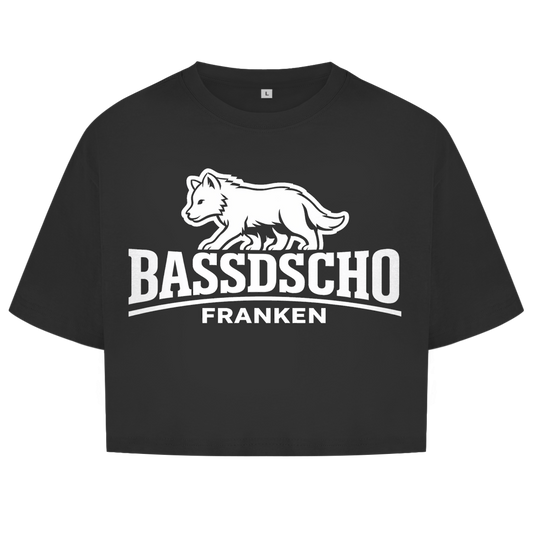 Damen Oversize Crop Top Bassdscho Franken Wolf weiß langer Strich