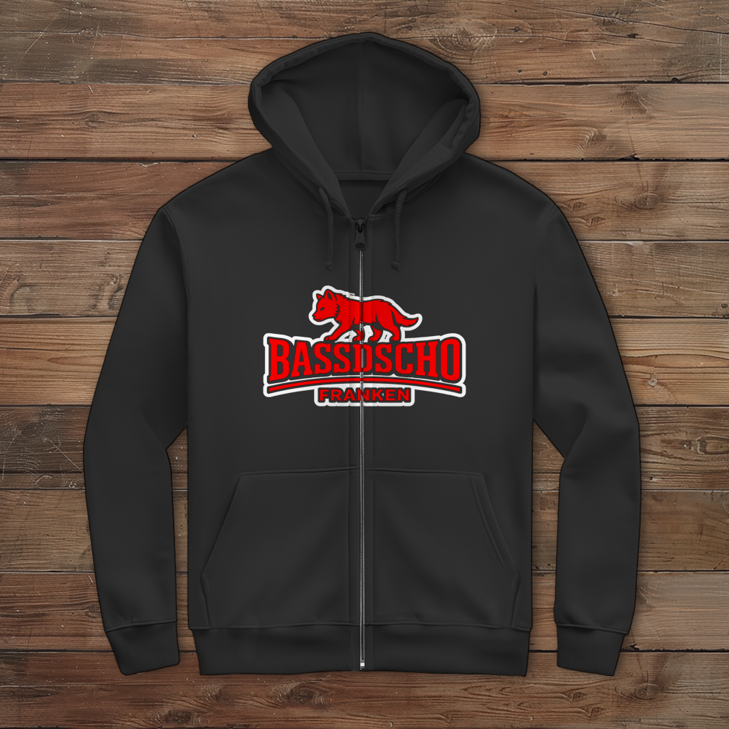 Herren Zipper Hoodie Bassdscho Franken Wolf Rot weiß umrandet