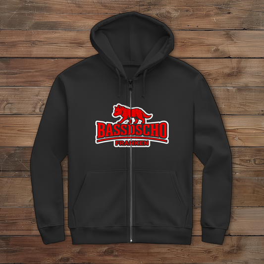 Herren Zipper Hoodie Bassdscho Franken Wolf Rot weiß umrandet