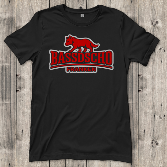 Damen T-Shirt Bassdscho Franken Wolf Rot weiß umrandet