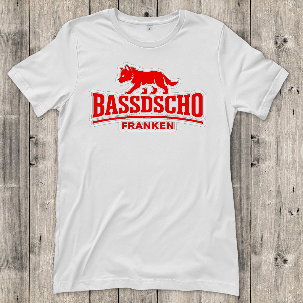 Damen T-Shirt Bassdscho Franken Wolf Rot weiß umrandet