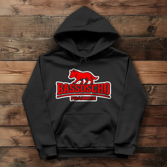 Damen Hoodie Bassdscho Franken Wolf Rot weiß umrandet