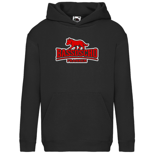 Kids Basic Hoodie Bassdscho Franken Wolf Rot weiß umrandet