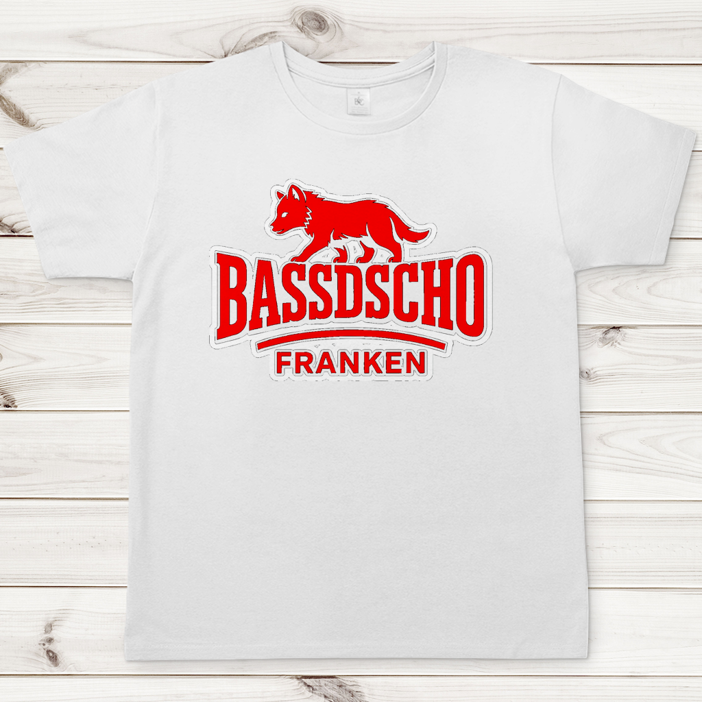 Herren T-Shirt Bassdscho Franken Wolf Rot und weiß umrandet langer strich