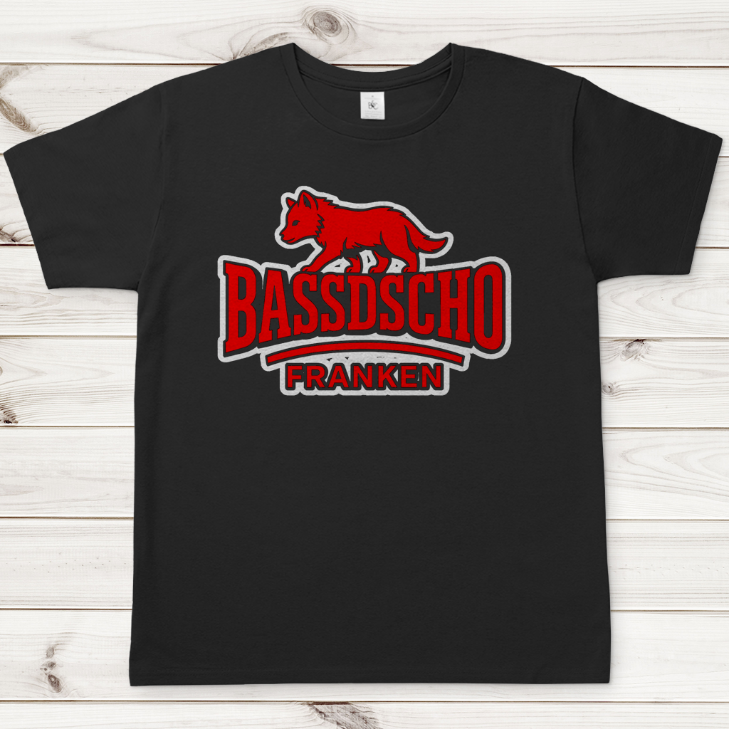 Herren T-Shirt Bassdscho Franken Wolf Rot und weiß umrandet langer strich