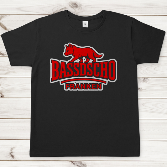 Herren T-Shirt Bassdscho Franken Wolf Rot und weiß umrandet langer strich