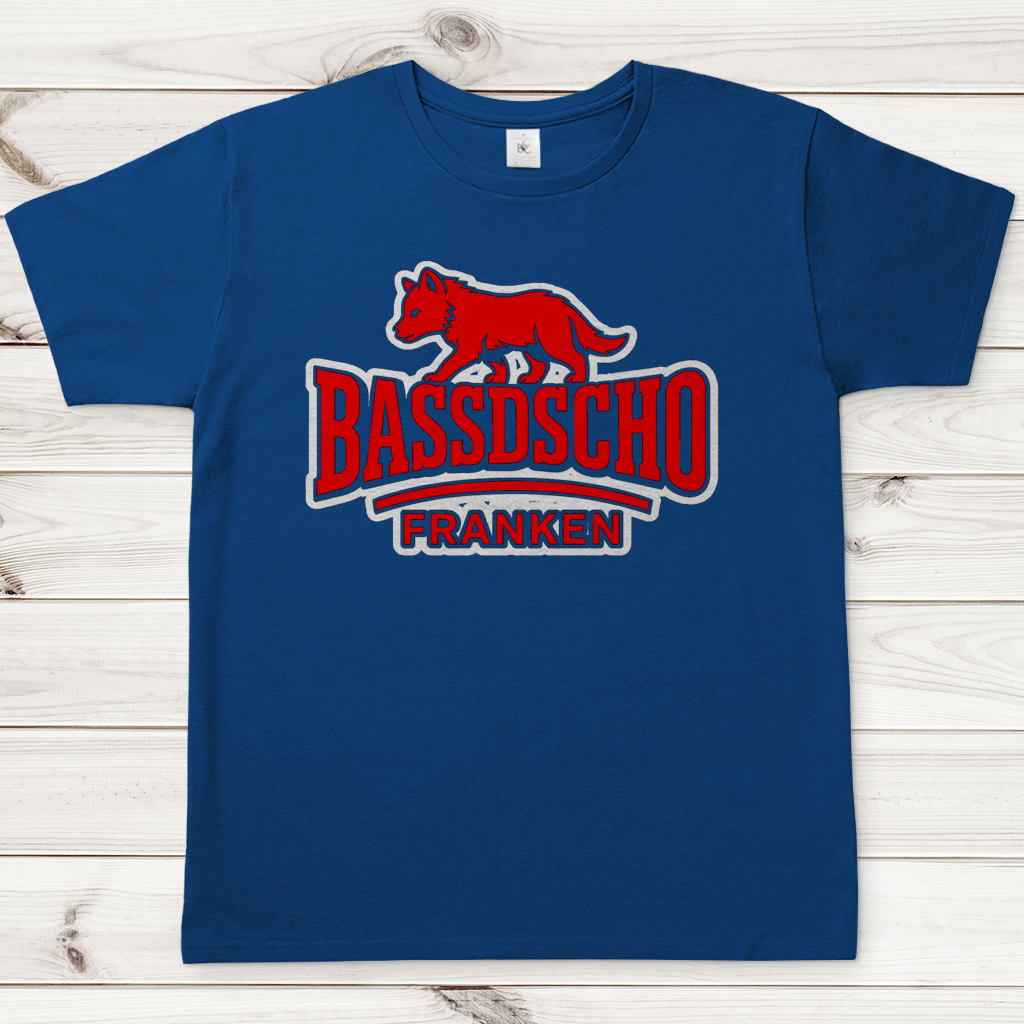 Herren T-Shirt Bassdscho Franken Wolf Rot und weiß umrandet langer strich