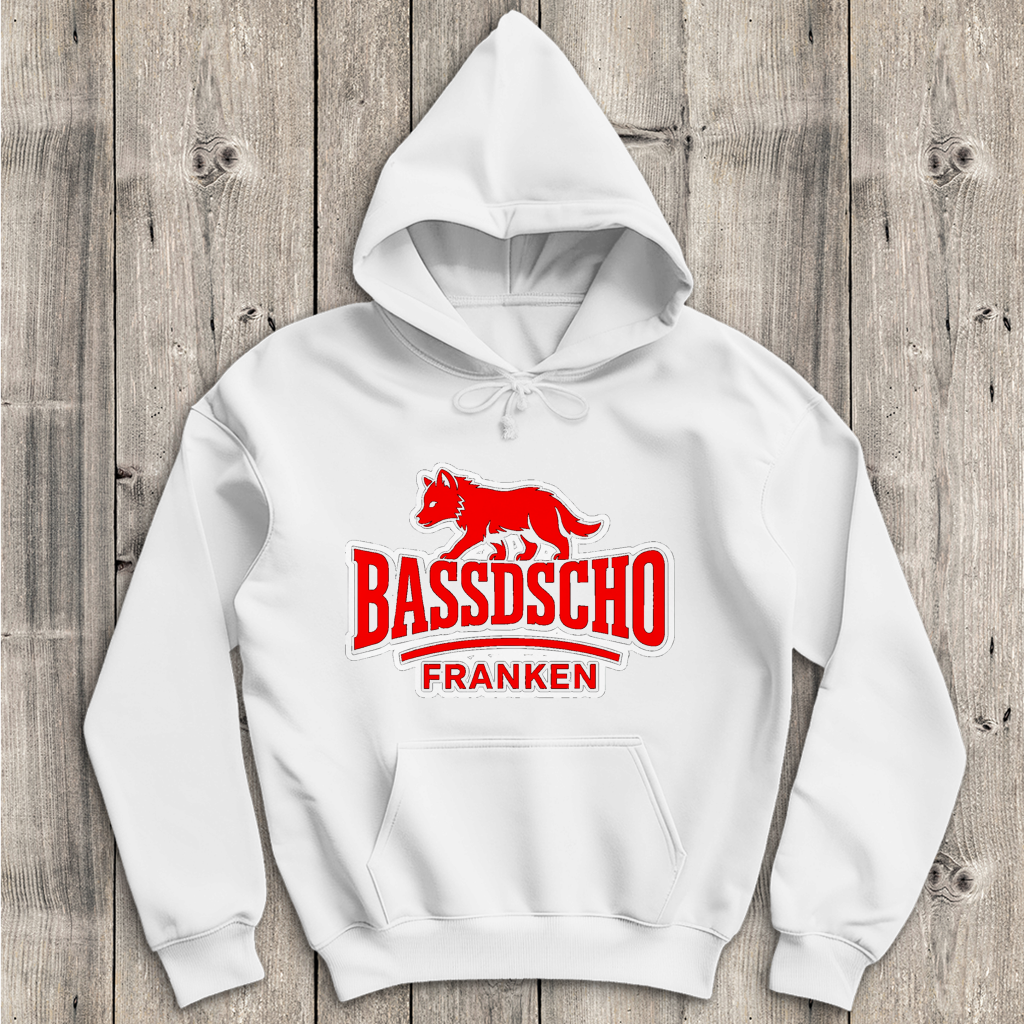Herren Hoodie Bassdscho Franken Wolf Rot und weiß umrandet langer strich