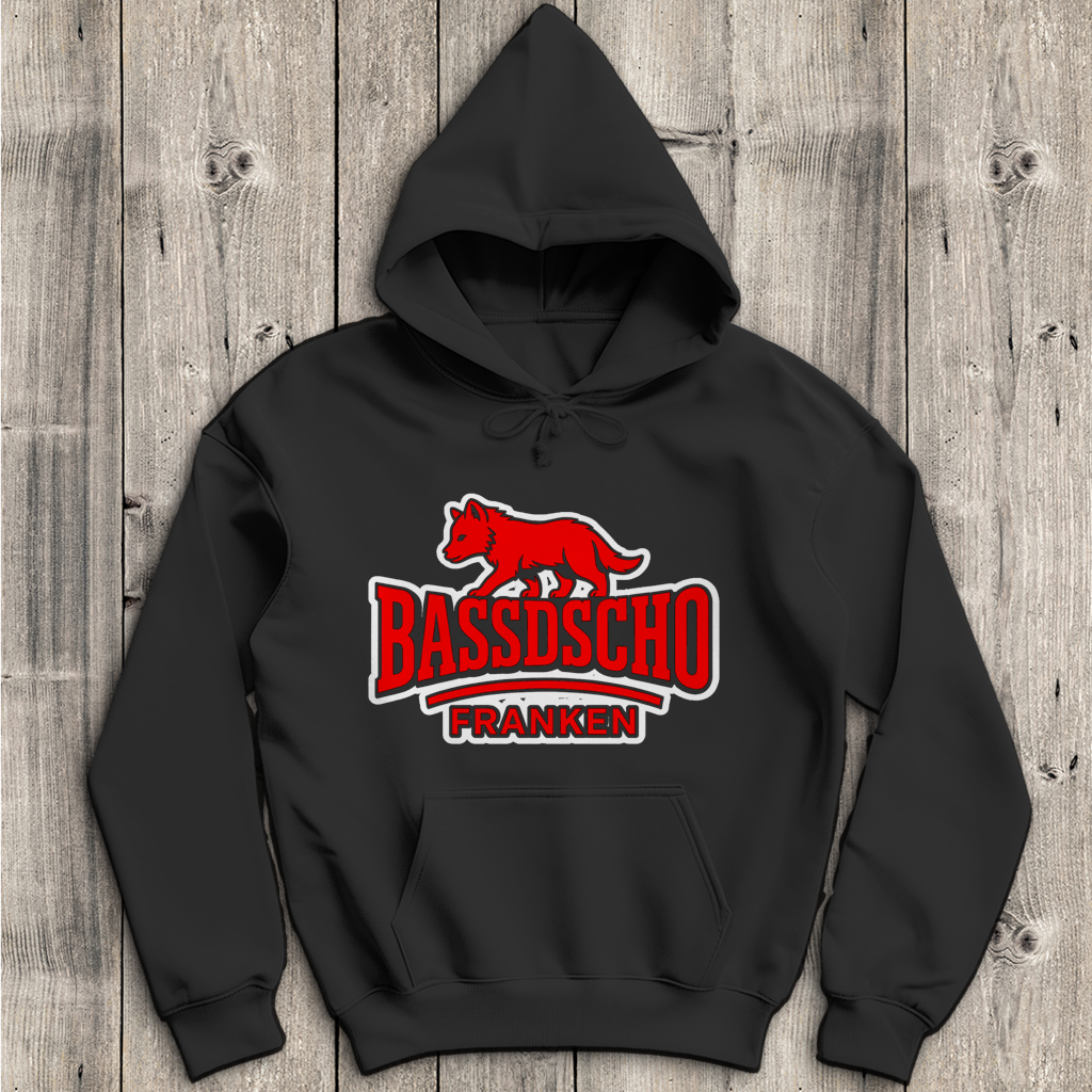 Herren Hoodie Bassdscho Franken Wolf Rot und weiß umrandet langer strich
