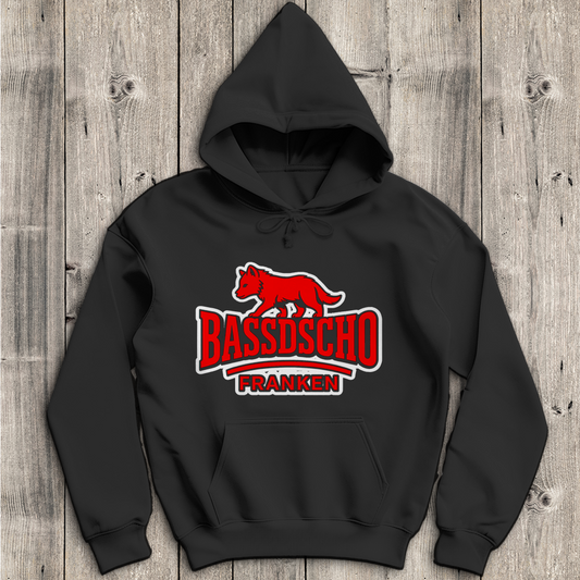 Herren Hoodie Bassdscho Franken Wolf Rot und weiß umrandet langer strich