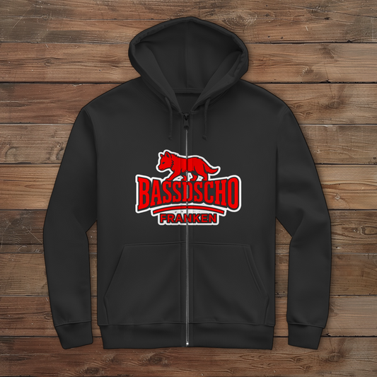Herren Zipper Hoodie Bassdscho Franken Wolf Rot und weiß umrandet langer strich