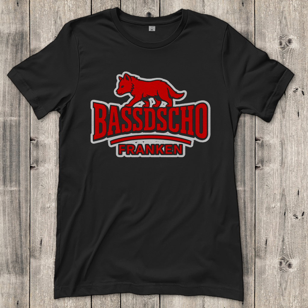 Damen T-Shirt Bassdscho Franken Wolf Rot und weiß umrandet langer strich