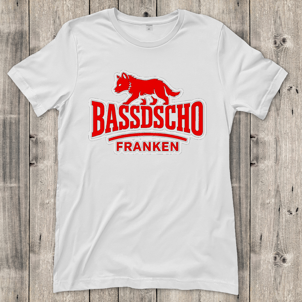 Damen T-Shirt Bassdscho Franken Wolf Rot und weiß umrandet langer strich
