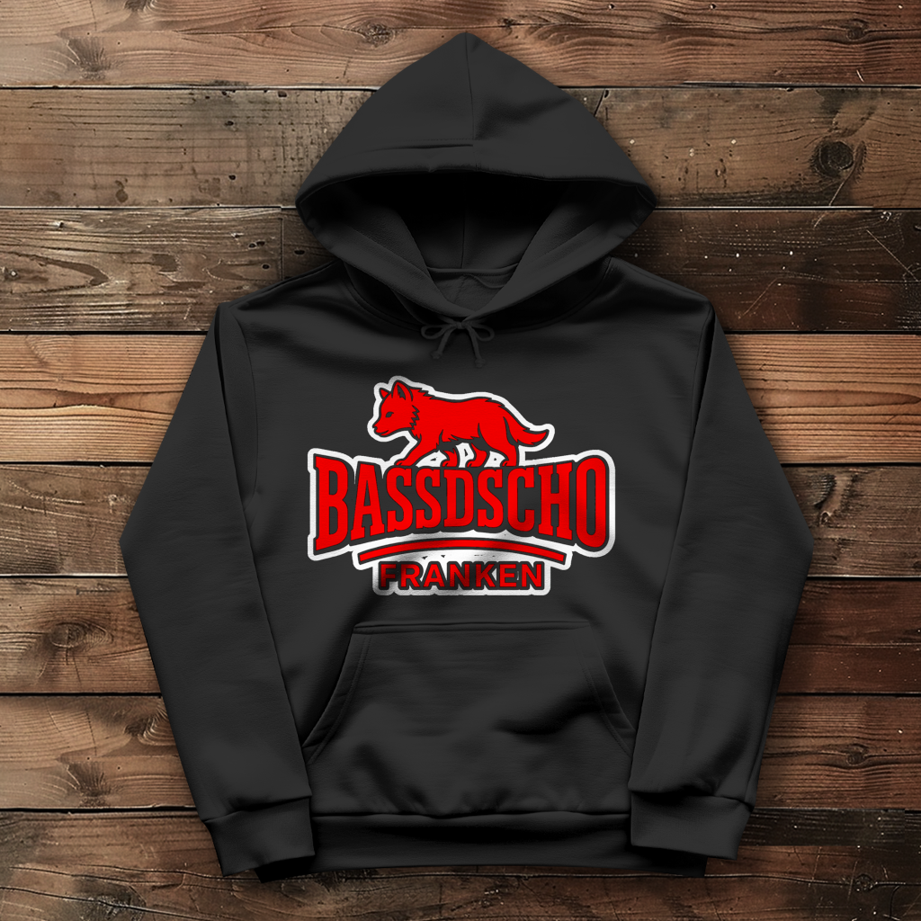Damen Hoodie Bassdscho Franken Wolf Rot und weiß umrandet langer strich