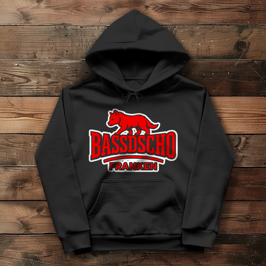 Damen Hoodie Bassdscho Franken Wolf Rot und weiß umrandet langer strich