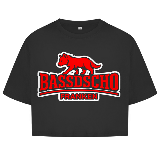 Damen Oversize Crop Top Bassdscho Franken Wolf Rot weiß umrandet