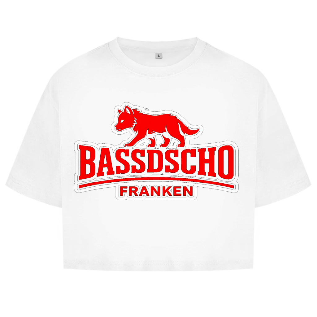 Damen Oversize Crop Top Bassdscho Franken Wolf Rot weiß umrandet