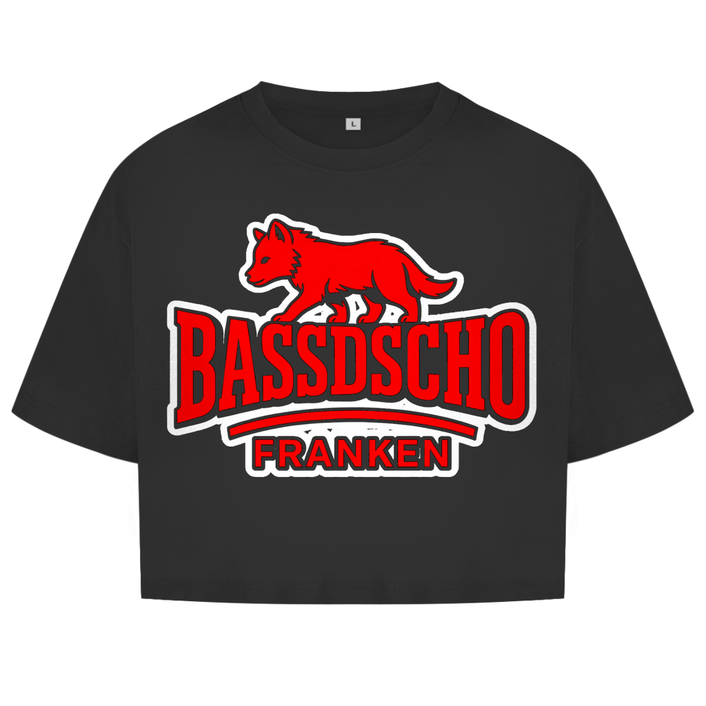 Damen Oversize Crop Top Bassdscho Franken Wolf Rot und weiß umrandet langer strich