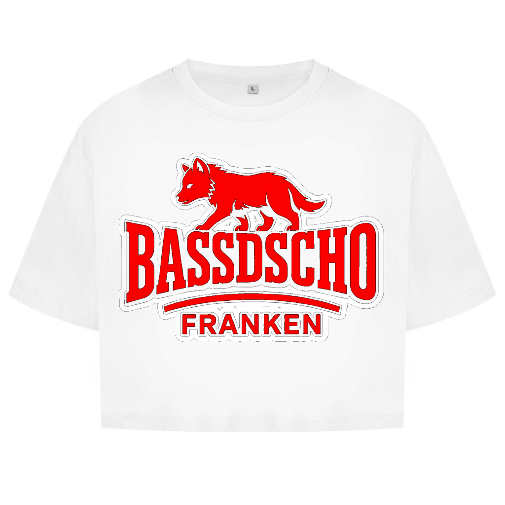 Damen Oversize Crop Top Bassdscho Franken Wolf Rot und weiß umrandet langer strich