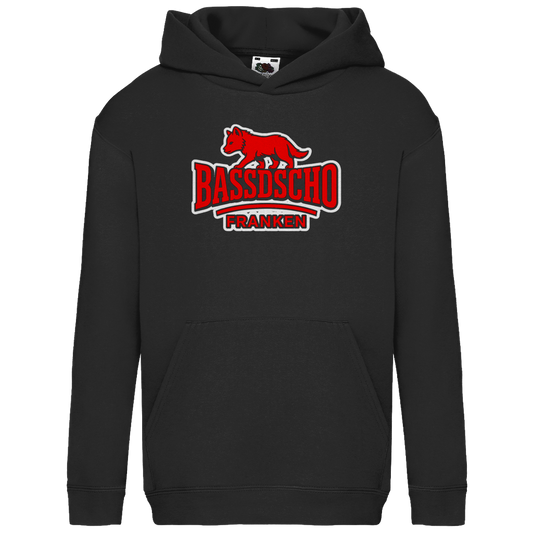 Kids Basic Hoodie Bassdscho Franken Wolf Rot und weiß umrandet langer strich