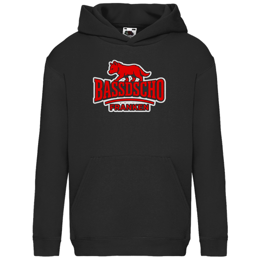 Kids Basic Hoodie Bassdscho Franken Wolf Rot und weiß umrandet langer strich