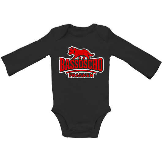Baby Bio Bodysuite Langarm Bassdscho Franken Wolf Rot und weiß umrandet langer strich