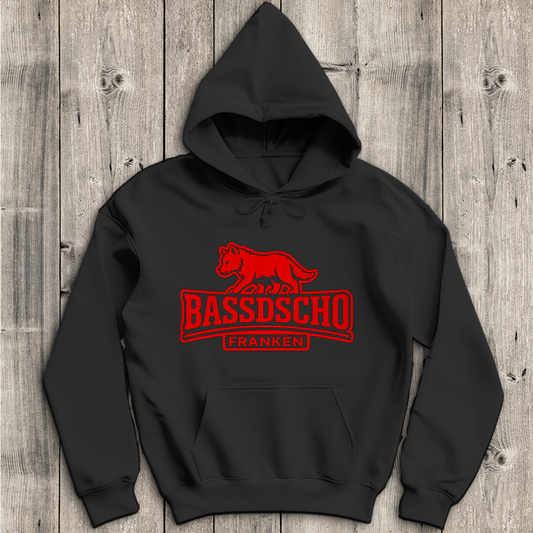 Herren Hoodie Bassdscho Franken Wolf Rot und rot umrandet