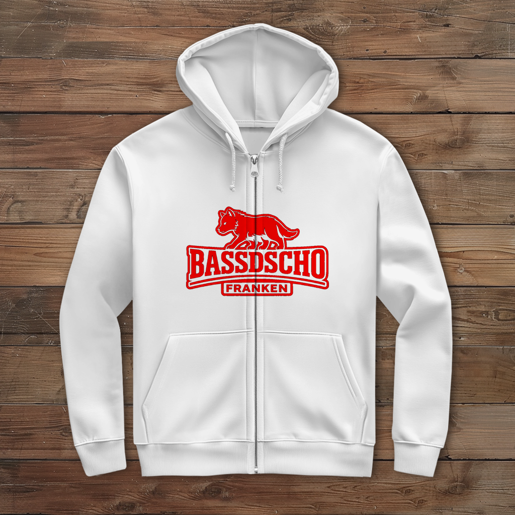 Herren Zipper Hoodie Bassdscho Franken Wolf Rot und rot umrandet
