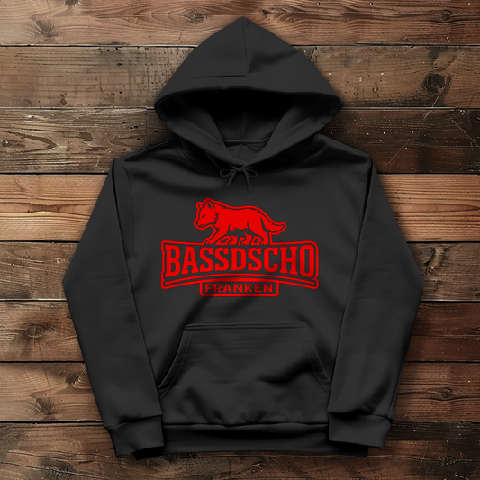 Damen Hoodie Bassdscho Franken Wolf Rot und rot umrandet