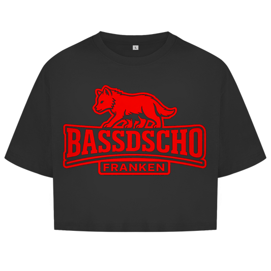Damen Oversize Crop Top Bassdscho Franken Wolf Rot und rot umrandet