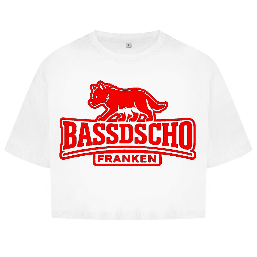 Damen Oversize Crop Top Bassdscho Franken Wolf Rot und rot umrandet